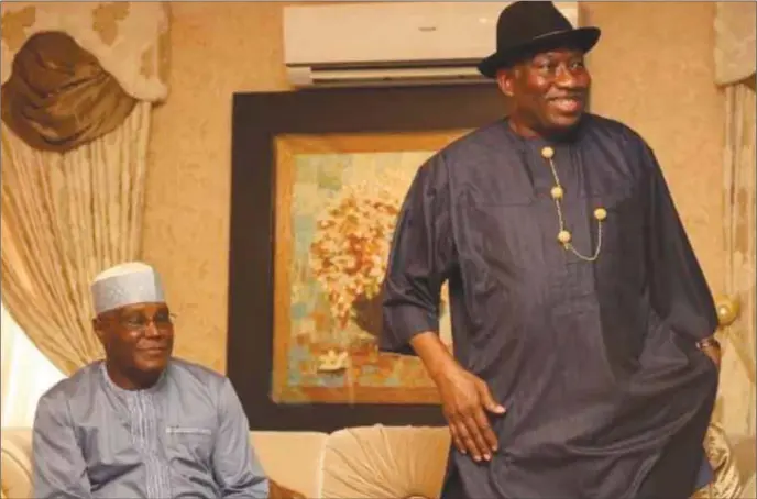  ??  ?? Atiku with former president Jonathan whe the former visited the ex-president in furtheranc­e of his consultati­ons