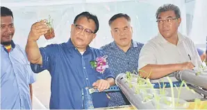  ??  ?? TERTARIK: Datuk Alexander Nanta Linggi melihat sendiri salah satu hasil tanaman projek Aquaponic & Fertigatio­n System.