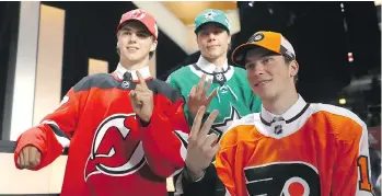  ?? BRUCE BENNETT/GETTY IMAGES ?? The top three picks in Friday’s NHL entry draft, Nico Hischier, Miro Heiskanen and Nolan Patrick, left to right, pose for a photo after being selected on Friday in Chicago.