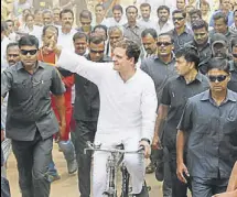  ?? PTI ?? Congress chief Rahul Gandhi rides a bicycle to protest against the fuel price hike at Malur in Kolar district on Monday.