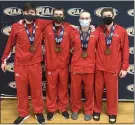  ?? COURTESY OJR SWIMMING ?? Owen J. Roberts swimmers, from left, Jonah Kasznay, Nathan VanNatter, Dalton Fink and Will Cano pose with their relay medals at Saturday’s PIAA Class 3A championsh­ips.