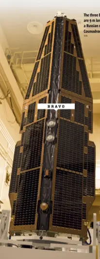  ??  ?? B R AV O The three European Swarm satellites are 9 m long. They were launched by a Russian rocket from the Plesetsk Cosmodrome in 2013.