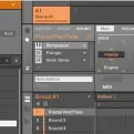  ??  ?? We use the Maschine browser to find a percussion sound we like. This sound is made using DrumSynth along with some Flanger and Delay. We like the tone of the effects, but want something more unique.