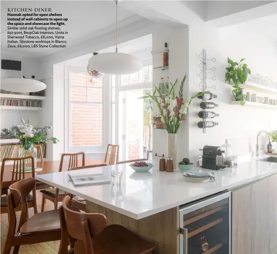  ??  ?? KITCHEN-DINER Hannah opted for open shelves instead of wall cabinets to open up the space and showcase the light. Similar solid oak floating shelves, £97.90m, Bespoak Interiors. Units in Sherwood Tobacco, £8,000, Vama Italian. Silestone worktops in Blanco Zeus, £6,000, LBS Stone Collection