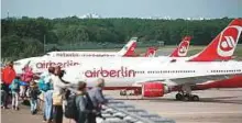  ?? Reuters ?? Airberlin aircraft at Tegel airport in Berlin. About 100 flights had been cancelled by late morning yesterday.