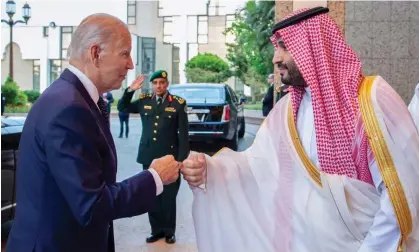  ?? Photograph: Bandar Aljaloud/ AP ?? The Saudi crown prince, Mohammed bin Salman, greets Joe Biden at al-Salam palace, Jeddah, 15 July 2022.