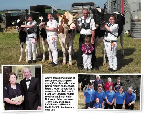  ??  ?? Above: three generation­s of the family exhibiting their stock, Peter Kennelly, Katie, Noirìn, Marian and Clodagh. Right: a fourth generation is present in this photograph. Front row: Clodagh; middle row: Marian, Emer, Katie, Noirìn and Peter; back row:...