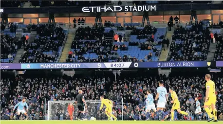  ?? | Reuters ?? MANCHESTER City put Burton Albion to the sword in their League Cup semi-final first leg match at the Etihad Stadium on Wednesday night, winning 9-0. Gabriel Jesus scored four times for the English Premier League champions with the other goals coming from Oleksandr Zinchenko, Kevin de Bruyne, Phil Foden, Kyle Walker and Riyad Mahrez.