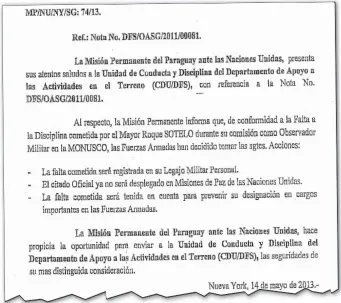  ??  ?? Facsímil de la nota de la Misión Permanente del Paraguay informando a la Unidad de Conducta y Disciplina de las NN.UU. las medidas tomadas por las FF.AA. contra Sotelo.