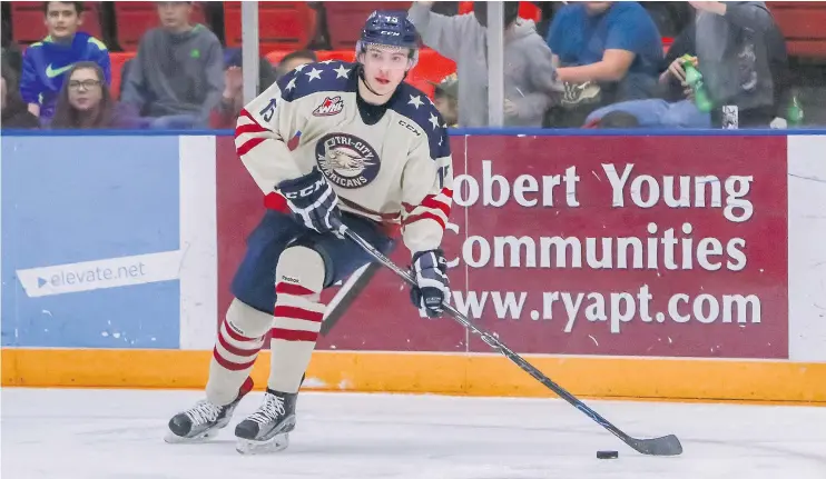  ?? DOUG LOVE ?? Michael Rasmussen, a 6-foot-6, 221-pound Surrey native who played for the WHL’s Tri-City Americans, is ranked fifth among North American skaters.