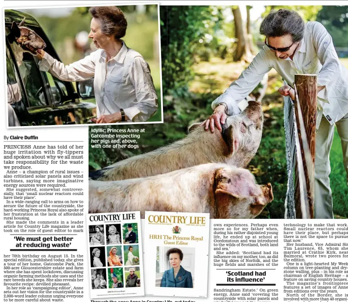  ??  ?? Through the ages: Anne in Country Life, out today Idyllic: Princess Anne at Gatcombe inspecting her pigs and, above, with one of her dogs