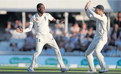  ?? Picture: Getty. ?? Jofra Archer celebrates after claiming his fifth wicket of the innings, Nathan Lyon.