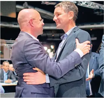  ?? FOTO: DPA ?? Die „Flügel“-Leute Andreas Kalbitz (l.) und Björn Höcke auf dem AfD-Parteitag im Dezember.