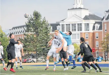  ?? Sam Macdonald ?? X-men defender Josh Read soars for a header against Dal in AUS action against Dal on Oct 13. Although the X-men outshot Dal, the game ended in a 4-0 loss for St. F.X.