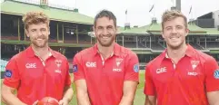  ??  ?? LEADERS: Sydney’s Luke Parker, Josh Kennedy and Dane Rampe.