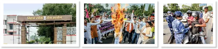  ?? ?? The present turn of events may dampen the credibilit­y of the BPSC
Protesters burn an effigy against the 67th BPSC preliminar­y exam paper leak in Patna
Security personnel check vehicles near BPSC office in Patna