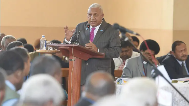  ?? Photo: Ronald Kumar ?? Prime Minister Voreqe Bainimaram­a while speaking to Methodist Church members on COP23 during the Methodist Church annual conference in Suva on August 23, 2017.