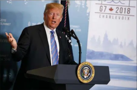  ?? EVAN VUCCI — THE ASSOCIATED PRESS FILE ?? President Donald Trump speaks during a news conference at the G-7 summit in La Malbaie, Quebec, Canada. New York Attorney General sues the Trump Foundation, Thursday, June 14, saying it engaged in a pattern of illegal self-dealing.