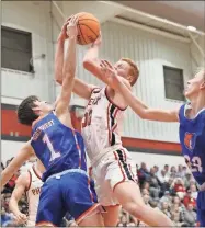  ?? Barbara hall ?? With a slew of Northwest Whitfield County defenders around him, Sonoravill­e junior Titus Smith muscles up a shot against the Bruins Friday night at The Furnace in Region 7-4A action.