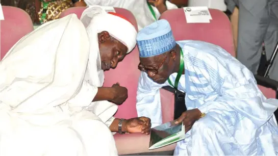  ?? PHOTO: IKECHUKWU IBE ?? Emir of Yauri, Dr. Zayyanu Abdullahi (left), rubbing minds with Ambassador Isah Muhammed Argungu, during yesterday’s deliberati­on at the ongoing National Conference in Abuja.