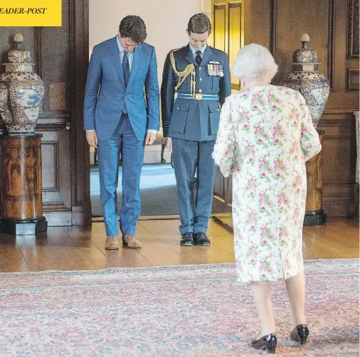  ?? RYAN REMIORZ /THE CANADIAN PRESS ?? Prime Minister Justin Trudeau bows as he meets Queen Elizabeth at Holyrood Palace, her official residence in Edinburgh, on Wednesday.