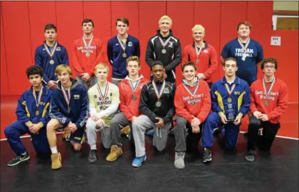  ?? AUSTIN HERTZOG - DIGITAL FIRST MEDIA ?? The Pioneer Athletic Conference wrestling individual champions were: kneeling from left, Pope John Paul II’s Matt Vulakh, Upper Perkiomen’s Jared Kuhns, Spring-Ford’s Brandon Meredith, Owen J. Roberts’ Connor Quinn, Methacton’s Kibwe McNair, Owen J....