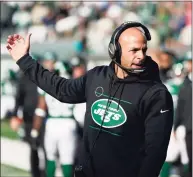  ?? Corey Sipkin / Associated Press ?? Jets coach Robert Saleh gestures during Sunday’s loss to the Dolphins.