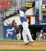  ?? AUSTIN HERTZOG - DIGITAL FIRST MEDIA ?? Oley Valley’s Matt Fisher goes way out of the strike zone to get down a sacrifice bunt to score a run during the District 3-AA baseball final on June 2.