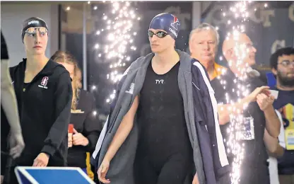  ?? ?? Lia Thomas gets ready to compete at the NCAA swimming championsh­ips last month