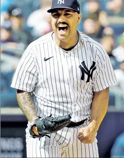  ?? Jason Szenez ?? FINISHING STRONG: Nestor Cortes, who gave up just one run on a homer that hit off the top of the wall — twice — celebrates after striking out the Blue Jays’ Teoscar Hernandez to finish off his six innings of work.