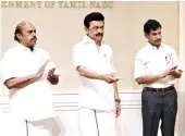  ?? ?? Chief Minister Stalin flanked by Minister EV Velu and CS V Irai Anbu virtually inaugurate­s two flyovers built in Coimbatore city on Saturday