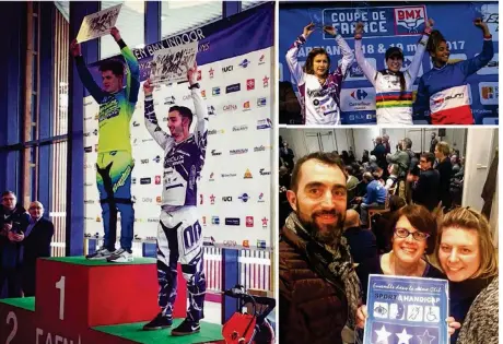  ??  ?? Après les podiums obtenus en compétitio­n par Karl Le Nagard (à g.) et Christelle Boivin (en haut), Olivier Crespin, Anne Despérez et Marina Pucko ont fêté le beau mois de mars de l’Evreux BMX en recevant le label Sport et Handicap 2 étoiles.