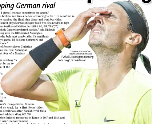  ?? CLIVE BRUNSKILL/POOL/ AGENCE FRANCE-PRESSE ?? RAFAEL Nadal gets a beating from Diego Schwartzma­n.