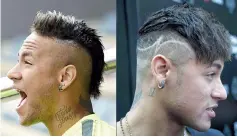  ?? - AFP photo ?? (COMBO)This combinatio­n of pictures created onAugust 03,2017 shows detail on hairstyles and tattoos sported by Barcelona’s Brazilian forward Neymar da Silva Santos (L) on May 05, 2015 at a training session at the Sports Center FC Barcelona Joan Gamper...