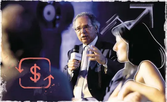  ?? ILUSTRAÇÃO DE FARRELL SOBRE FOTO DE JF DIORIO/ESTADÃO ?? Visão. ‘Temos uma cultura anti-inflacioná­ria forte, mas no caso da política fiscal a situação é contráriat­os. São décadas de irresponsa­bilidade’, disse Guedes