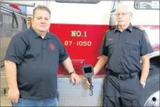  ?? CAROLE MORRIS-UNDERHILL ?? Firefighte­r Dan Boyd and deputy fire chief Wayne Swinimer are hoping the community will help to raise the $11,000 needed to purchase a second thermal imaging camera for the Brooklyn Fire Department’s Station 2 in Three Mile Plains.