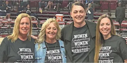  ?? PHOTO PROVIDED ?? Female basketball officials, from left, Jara McCoy, Brook Farris and Katelynn Hall were the first all-female referee crew to call an Oklahoma high school state tournament game. Clarissa Gross, right, was one of the first females to call a game at the Class A and B state tournament­s.