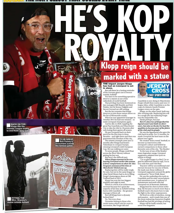  ?? ?? BACK ON TOP: Klopp lifts the Premier League trophy to end Reds’ long wait ■