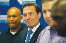  ?? JOHN LOCHER / AP ?? Adam Laxalt, the Republican nominee for Nevada’s U.S. Senate seat, listens at a news conference, Thursday in Las Vegas. Officials from several law enforcemen­t unions, including the Las Vegas Police Protective Associatio­n and the National Border Patrol Counsel, spoke in support of Laxalt’s candidacy.