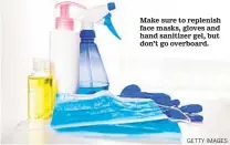  ?? GETTY IMAGES ?? Make sure to replenish face masks, gloves and hand sanitizer gel, but don’t go overboard.