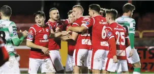  ??  ?? Rovers players celebrate Drennan’s wondergoal. Pic: Carl Brennan.