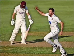  ?? PICTURE: Harry Trump/getty Images ?? Somerset’s Craig Overton celebrates the wicket of Northampto­nshire’s Will Young during last week’s County Championsh­ip match