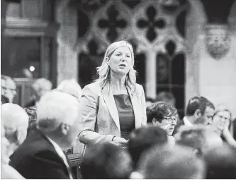  ?? SEAN KILPATRICK THE CANADIAN PRESS ?? Former Liberal MP Leona Alleslev asks a question in the House of Commons on Monday, after crossing the floor to join the Conservati­ves. She says she isn’t aware of other Liberals planning to follow her lead.