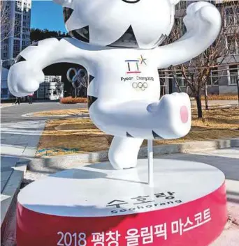  ?? AFP ?? ‘Soohorang’, one of the mascots of the Pyeongchan­g Olympics, on display at the Olympic Village in Gangneung.