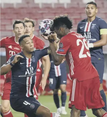  ??  ?? Munich’s Kingsley Coman heads home the only goal of last night’s final at the Luz stadium in Lisbon.