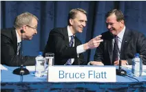  ?? CHRIS YOUNG/THE CANADIAN PRESS ?? Brookfield CEO Bruce Flatt, centre, with colleagues at the annual general meeting in Toronto. Toronto-based Brookfield’s $US11.4-billion deal for Forest City is seen as “a positive.”