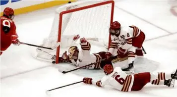  ?? BARRY CHIN/GLOBE STAFF ?? Nineteen-year-old Florida native Jacob Fowler has recorded 31 wins this season for Boston College, the most ever by a freshman goalie in NCAA play.