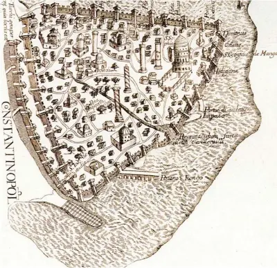  ??  ?? Bizans döneminde, 1422 yılında Cristoforo Buondelmon­ti tarafından yapılan İstanbul haritasınd­a şehrin çevresini kuşatan surlar görülmekte­dir. Kara surları çift kademelidi­r.