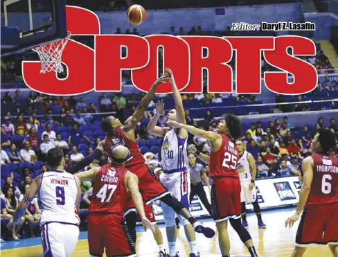  ?? PBA ?? Magnolia Hotshots’ Ian Sangalang (10) shoots past Barangay Ginebra San Miguel Kings’ Justin Brownlee in Game 2 of their 2018 PBA Governors’ Cup semifinal round on Monday, Nov. 12.