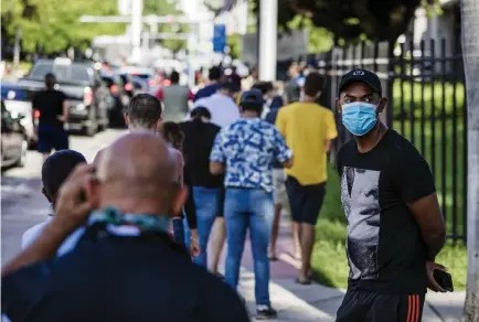  ?? Scott McIntyre, © The New York Times Co. ?? People wait in line at a walk up testing site for the coronaviru­s in Miami Beach, Fla., on Monday. In Miami-Dade County, Fla., six hospitals have reached capacity as virus cases spike.